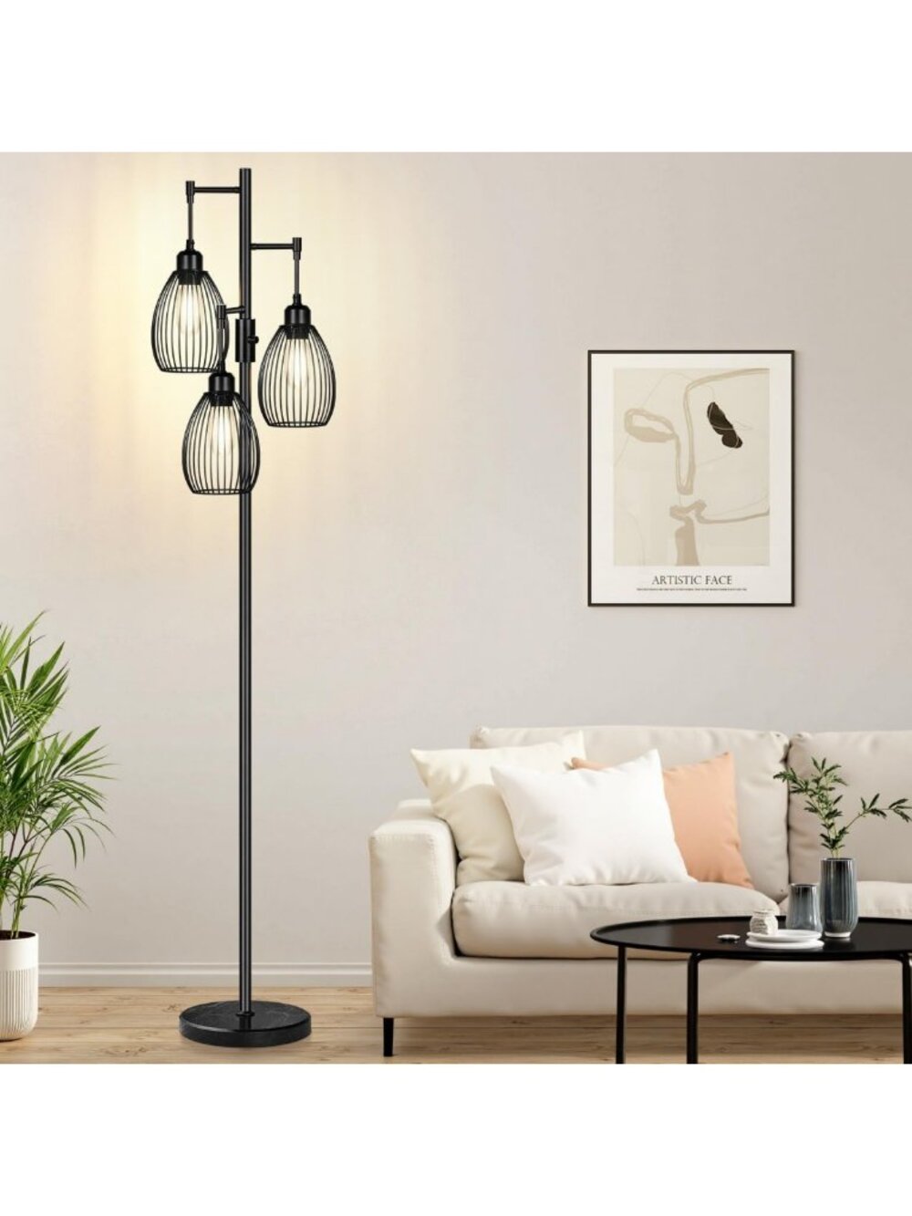 Dimmable Standing Floor Lamp with 3 LED Bulbs, Industrial Farmhouse Style for
